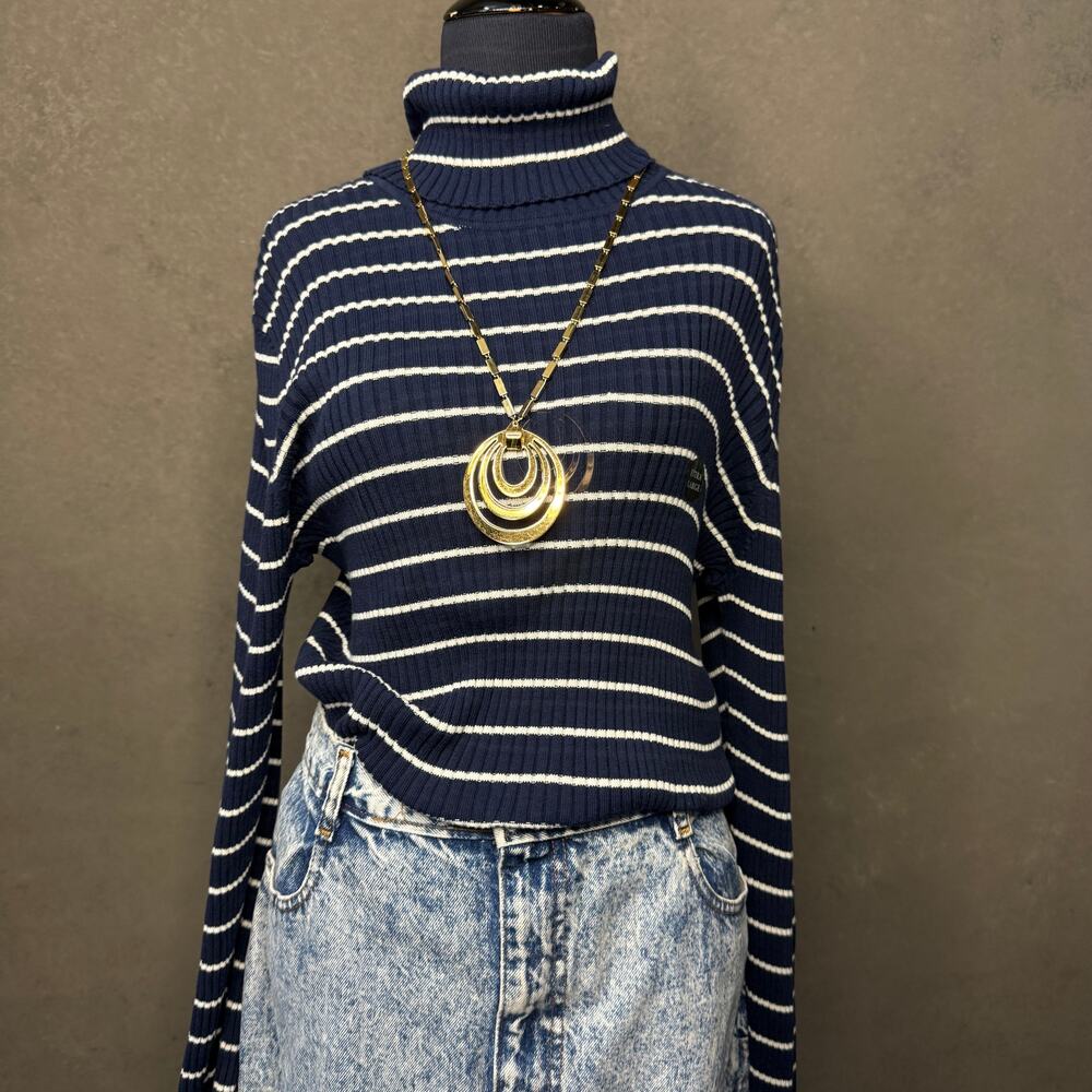 L.L.Bean Ribbed Cotton Turtleneck Sweater XL Navy White Stripe NWT